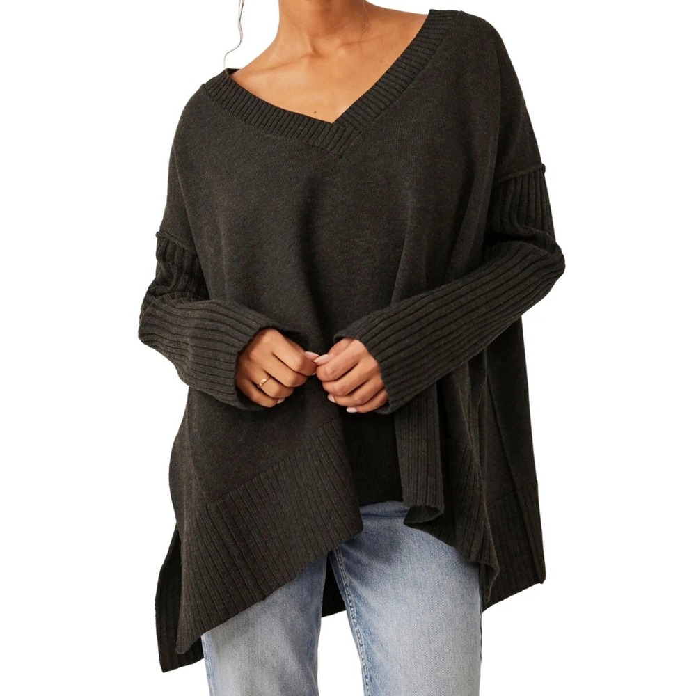 Free People Orion V-Neck Oversized Chunky Sweater Charcoal Grey Small - EUC